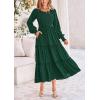 imagePRETTYGARDEN Womens Maxi Boho Dress Casual Long Sleeve Tiered Ruffle Flowy Swiss Dot Smocked Dresses with PocketsDark Green