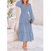 imagePRETTYGARDEN Womens Maxi Boho Dress Casual Long Sleeve Tiered Ruffle Flowy Swiss Dot Smocked Dresses with PocketsGrey Blue