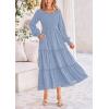 imagePRETTYGARDEN Womens Maxi Boho Dress Casual Long Sleeve Tiered Ruffle Flowy Swiss Dot Smocked Dresses with PocketsGrey Blue