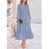 imagePRETTYGARDEN Womens Maxi Boho Dress Casual Long Sleeve Tiered Ruffle Flowy Swiss Dot Smocked Dresses with PocketsGrey Blue