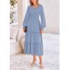 imagePRETTYGARDEN Womens Maxi Boho Dress Casual Long Sleeve Tiered Ruffle Flowy Swiss Dot Smocked Dresses with PocketsGrey Blue