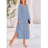 imagePRETTYGARDEN Womens Maxi Boho Dress Casual Long Sleeve Tiered Ruffle Flowy Swiss Dot Smocked Dresses with PocketsGrey Blue