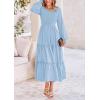 imagePRETTYGARDEN Womens Maxi Boho Dress Casual Long Sleeve Tiered Ruffle Flowy Swiss Dot Smocked Dresses with PocketsLight Blue