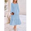 imagePRETTYGARDEN Womens Maxi Boho Dress Casual Long Sleeve Tiered Ruffle Flowy Swiss Dot Smocked Dresses with PocketsLight Blue