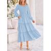 imagePRETTYGARDEN Womens Maxi Boho Dress Casual Long Sleeve Tiered Ruffle Flowy Swiss Dot Smocked Dresses with PocketsLight Blue