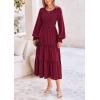 imagePRETTYGARDEN Womens Maxi Boho Dress Casual Long Sleeve Tiered Ruffle Flowy Swiss Dot Smocked Dresses with PocketsWine Red