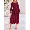 imagePRETTYGARDEN Womens Maxi Boho Dress Casual Long Sleeve Tiered Ruffle Flowy Swiss Dot Smocked Dresses with PocketsWine Red