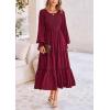 imagePRETTYGARDEN Womens Maxi Boho Dress Casual Long Sleeve Tiered Ruffle Flowy Swiss Dot Smocked Dresses with PocketsWine Red