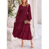 imagePRETTYGARDEN Womens Maxi Boho Dress Casual Long Sleeve Tiered Ruffle Flowy Swiss Dot Smocked Dresses with PocketsWine Red