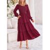 imagePRETTYGARDEN Womens Maxi Boho Dress Casual Long Sleeve Tiered Ruffle Flowy Swiss Dot Smocked Dresses with PocketsWine Red