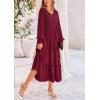 imagePRETTYGARDEN Womens Maxi Boho Dress Casual Long Sleeve Tiered Ruffle Flowy Swiss Dot Smocked Dresses with PocketsWine Red
