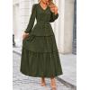 imagePRETTYGARDEN Womens Maxi Dress Casual Long Sleeve V Neck Smocked Waist Tiered Ruffle Flowy Cocktail Pocket DressesArmy Green