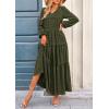 imagePRETTYGARDEN Womens Maxi Dress Casual Long Sleeve V Neck Smocked Waist Tiered Ruffle Flowy Cocktail Pocket DressesArmy Green