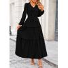 imagePRETTYGARDEN Womens Maxi Dress Casual Long Sleeve V Neck Smocked Waist Tiered Ruffle Flowy Cocktail Pocket DressesBlack