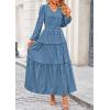 imagePRETTYGARDEN Womens Maxi Dress Casual Long Sleeve V Neck Smocked Waist Tiered Ruffle Flowy Cocktail Pocket DressesBlue Grey