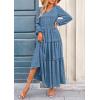 imagePRETTYGARDEN Womens Maxi Dress Casual Long Sleeve V Neck Smocked Waist Tiered Ruffle Flowy Cocktail Pocket DressesBlue Grey