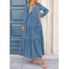 imagePRETTYGARDEN Womens Maxi Dress Casual Long Sleeve V Neck Smocked Waist Tiered Ruffle Flowy Cocktail Pocket DressesBlue Grey