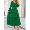 imagePRETTYGARDEN Womens Maxi Dress Casual Long Sleeve V Neck Smocked Waist Tiered Ruffle Flowy Cocktail Pocket DressesGreen