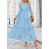 imagePRETTYGARDEN Womens Maxi Dress Casual Long Sleeve V Neck Smocked Waist Tiered Ruffle Flowy Cocktail Pocket DressesLight Blue
