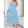 imagePRETTYGARDEN Womens Maxi Dress Casual Long Sleeve V Neck Smocked Waist Tiered Ruffle Flowy Cocktail Pocket DressesLight Blue