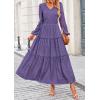 imagePRETTYGARDEN Womens Maxi Dress Casual Long Sleeve V Neck Smocked Waist Tiered Ruffle Flowy Cocktail Pocket DressesPurple