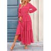 imagePRETTYGARDEN Womens Maxi Dress Casual Long Sleeve V Neck Smocked Waist Tiered Ruffle Flowy Cocktail Pocket DressesRose Red