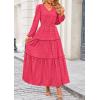 imagePRETTYGARDEN Womens Maxi Dress Casual Long Sleeve V Neck Smocked Waist Tiered Ruffle Flowy Cocktail Pocket DressesRose Red
