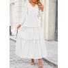 imagePRETTYGARDEN Womens Maxi Dress Casual Long Sleeve V Neck Smocked Waist Tiered Ruffle Flowy Cocktail Pocket DressesWhite