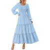 imagePRETTYGARDEN Womens Maxi Boho Dress Casual Long Sleeve Tiered Ruffle Flowy Swiss Dot Smocked Dresses with PocketsLight Blue