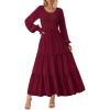 imagePRETTYGARDEN Womens Maxi Boho Dress Casual Long Sleeve Tiered Ruffle Flowy Swiss Dot Smocked Dresses with PocketsWine Red