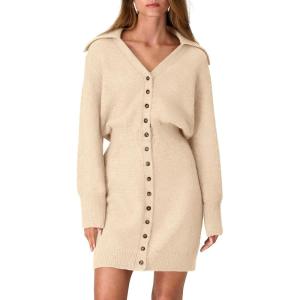 imagePRETTYGARDEN Sweater Dresses for Women 2024 Trendy Long Sleeve Button Down Short Fall DressBeige