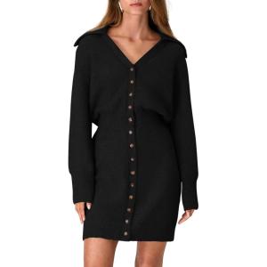 imagePRETTYGARDEN Sweater Dresses for Women 2024 Trendy Long Sleeve Button Down Short Fall DressBlack