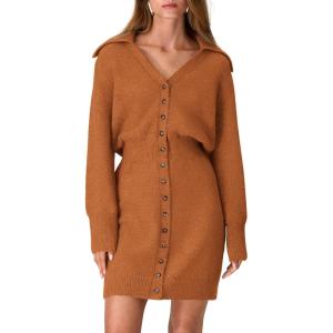 imagePRETTYGARDEN Sweater Dresses for Women 2024 Trendy Long Sleeve Button Down Short Fall DressBrick Red