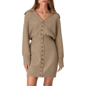 imagePRETTYGARDEN Sweater Dresses for Women 2024 Trendy Long Sleeve Button Down Short Fall DressCamel