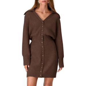 imagePRETTYGARDEN Sweater Dresses for Women 2024 Trendy Long Sleeve Button Down Short Fall DressCoffee