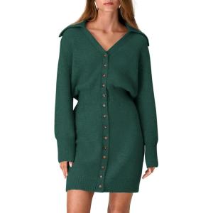 imagePRETTYGARDEN Sweater Dresses for Women 2024 Trendy Long Sleeve Button Down Short Fall DressDark Green