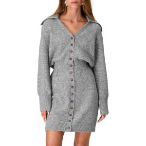 imagePRETTYGARDEN Sweater Dresses for Women 2024 Trendy Long Sleeve Button Down Short Fall DressGrey