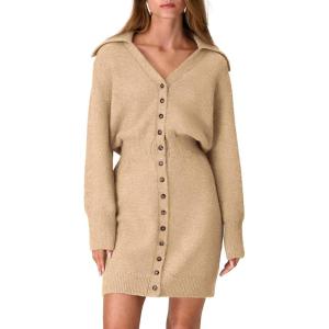 imagePRETTYGARDEN Sweater Dresses for Women 2024 Trendy Long Sleeve Button Down Short Fall DressKhaki
