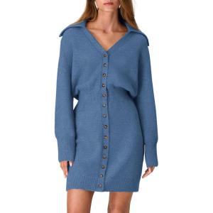 imagePRETTYGARDEN Sweater Dresses for Women 2024 Trendy Long Sleeve Button Down Short Fall DressMist Blue