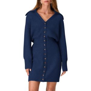 imagePRETTYGARDEN Sweater Dresses for Women 2024 Trendy Long Sleeve Button Down Short Fall DressNavy
