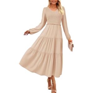 imagePRETTYGARDEN Womens Casual Smocked Midi Dress 2024 Fall Long Sleeve V Neck Tiered A Line Long Flowy DressApricot