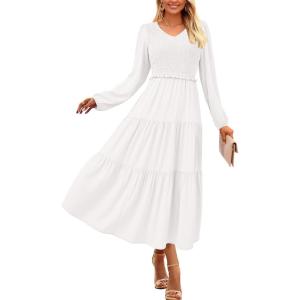 imagePRETTYGARDEN Womens Casual Smocked Midi Dress 2024 Fall Long Sleeve V Neck Tiered A Line Long Flowy DressBeige White