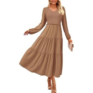 imagePRETTYGARDEN Womens Casual Smocked Midi Dress 2024 Fall Long Sleeve V Neck Tiered A Line Long Flowy DressKhaki