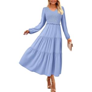 imagePRETTYGARDEN Womens Casual Smocked Midi Dress 2024 Fall Long Sleeve V Neck Tiered A Line Long Flowy DressLight Blue
