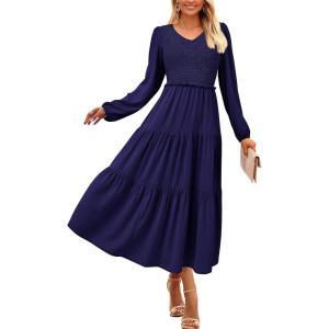 imagePRETTYGARDEN Womens Casual Smocked Midi Dress 2024 Fall Long Sleeve V Neck Tiered A Line Long Flowy DressNavy
