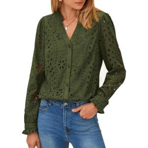imagePRETTYGARDEN Womens Eyelet Tops Fall Outfits 2024 Dressy Casual Lace Blouses Long Sleeve Button V Neck ShirtsArmy Green