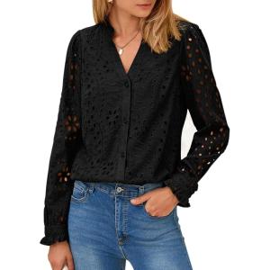 imagePRETTYGARDEN Womens Eyelet Tops Fall Outfits 2024 Dressy Casual Lace Blouses Long Sleeve Button V Neck ShirtsBlack
