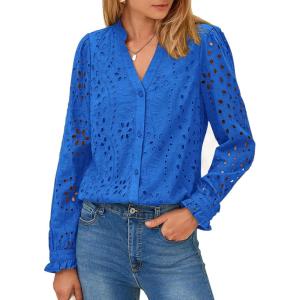 imagePRETTYGARDEN Womens Eyelet Tops Fall Outfits 2024 Dressy Casual Lace Blouses Long Sleeve Button V Neck ShirtsBlue