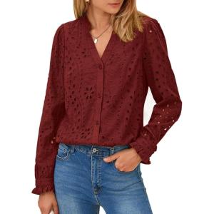 imagePRETTYGARDEN Womens Eyelet Tops Fall Outfits 2024 Dressy Casual Lace Blouses Long Sleeve Button V Neck ShirtsBrown Red