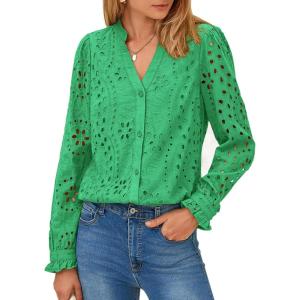 imagePRETTYGARDEN Womens Eyelet Tops Fall Outfits 2024 Dressy Casual Lace Blouses Long Sleeve Button V Neck ShirtsGreen